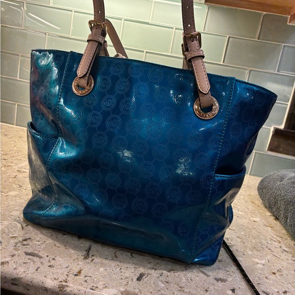 Michael Kors Handbags - Michael Kors Teal Patent Logo Tote with Tan Straps